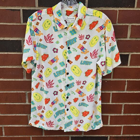 Pacsun Men's S Shirt White Hippie Retro 70's Smiley Faces Short Sleeve Buttons - Picture 1 of 6